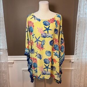 Quacker Factory Coastal Caftan Beach Cover Up XL Starfish Shell Print